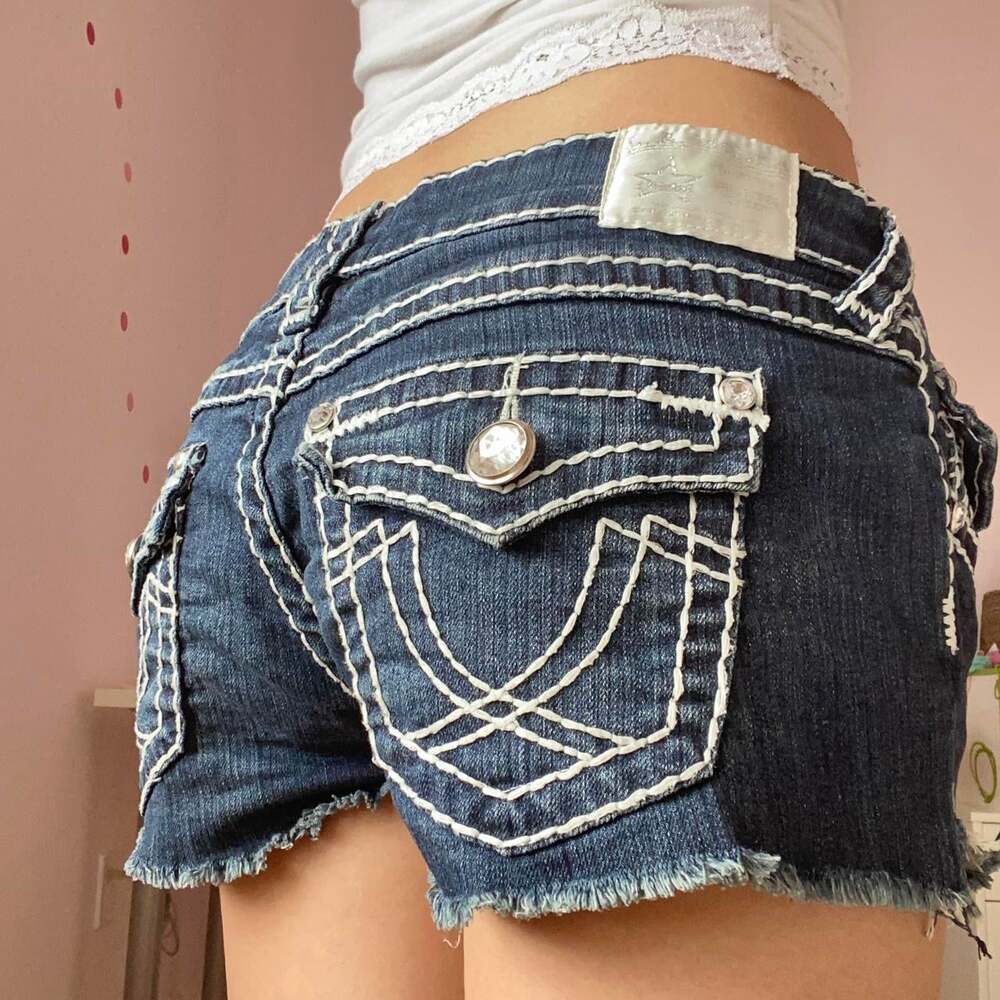 vintage 2000s ultra low rise dark wash denim shorts